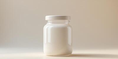 Clear jar mockup with white lid on soft background for product labeling and packaging design concepts photo