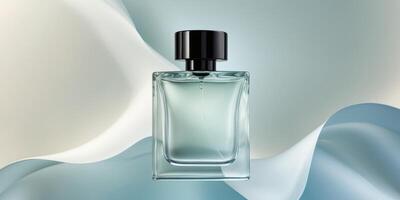 Floating square glass bottle mockup with black cap on gradient background for fragrance branding photo