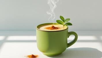 Delicious golden turmeric latte in a green mug garnished photo