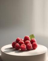 Exquisite round podium showcasing fresh ripe raspberries with soft focus background photo