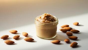 Almond butter served in a small glass jar with whole almonds scattered around photo