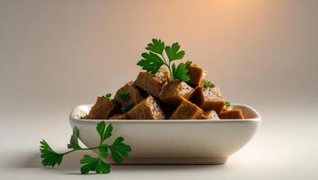 Appetizing wet cat food chunks served in a square ceramic dish with decorative fresh parsley leaves photo