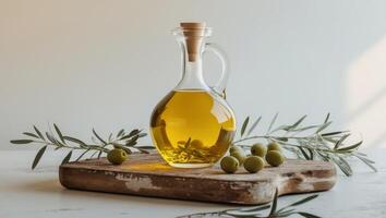 Elegant Glass Decanter of Golden Olive Oil with Olives and Olive Branches on Rustic Wooden Board photo