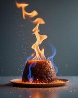 A pudding on a plate with flames coming out of it photo