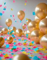 Many balloons and confetti falling from the ceiling photo
