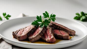 A plate of steak with parsley on it photo