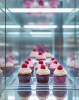 A display case filled with cupcakes photo
