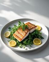 Grilled salmon fillet with arugula salad on white plate photo