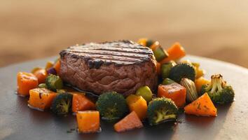 Grilled beef steak with vegetables on a black plate photo