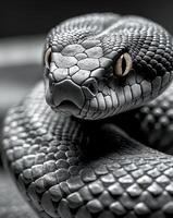 A black and white photo of a snake