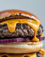 A close up of a cheeseburger with cheese and onions photo