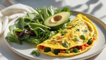An omelet with vegetables and avocado on a white plate photo