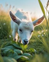 A small goat is eating grass in a field photo
