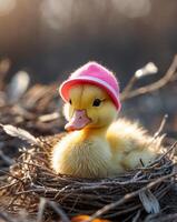 A baby duck wearing a pink hat sits in a nest photo