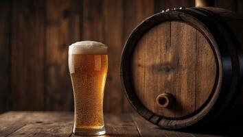 A glass of beer next to a barrel photo