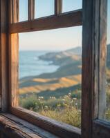 Window view of the ocean from a wooden window photo