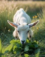 A goat eating a leaf in a field photo