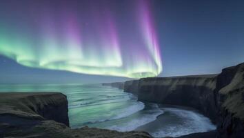 The aurora borealis over the cliffs of the faroe islands photo