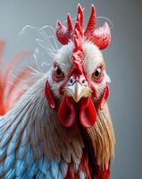 A close up of a rooster with red and white feathers photo