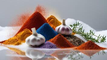 Various spices and herbs are arranged on a table photo