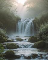 A waterfall in the forest with a sun shining through the trees photo