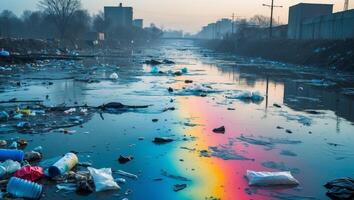 A river with garbage and trash floating in it photo