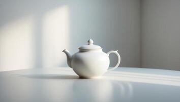 A white teapot sitting on a table in front of a window photo
