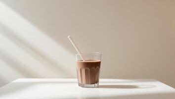Glass of chocolate milk with a straw in it is on a table photo