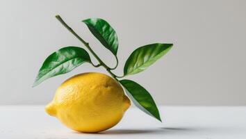 A fresh yellow lemon with a textured rind and two vibrant green leaves still attached to the stem photo