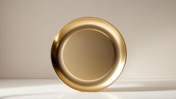 Golden oval tray on white table photo