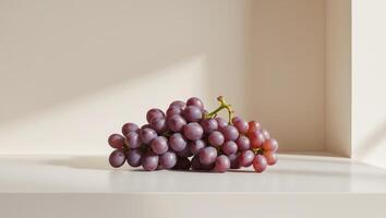 A bunch of grapes sitting on a table in front of a window photo