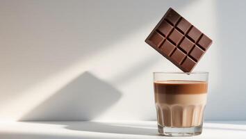 A chocolate bar is being dropped into a glass of milk photo