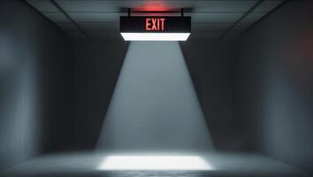 Exit sign in a dark hallway with dramatic lighting effect for ambiance photo