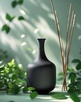 A black vase with sticks and leaves on a table photo