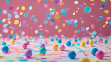 Colorful confetti falling on a table with colorful eggs photo