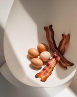 Bacon and eggs in a bowl on a white surface photo