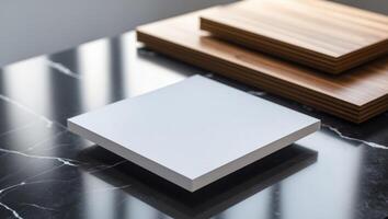 A white square on a marble table photo