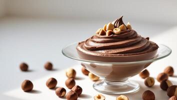 Creamy chocolate hazelnut spread served in a glass bowl with whole and chopped hazelnuts around photo