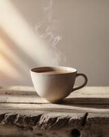 delicado cerámico taza con humeante líquido en de madera superficie en suave natural ligero foto