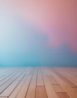 A wooden floor with a blurred colorful gradient background photo
