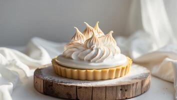 Delicious lemon tart with creamy filling and decorative meringue on a wooden board photo