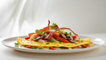Delicious breakfast omelet with vegetables and bacon served on a white plate photo