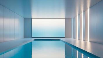 Futuristic room with a blue pool and a large screen photo