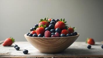 Fresh Mixed Berries in Wooden Bowl on Rustic Table photo