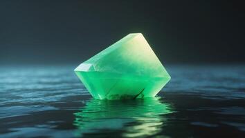 Glowing green crystal block on dark underwater surface photo