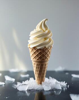 A vanilla ice cream cone sits on a dark surface with ice shards scattered around it photo
