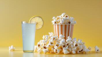 Enjoying a refreshing drink with popcorn on a bright yellow background for a fun snack time photo