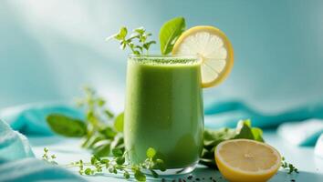 Fresh Green Smoothie with Lemon and Herbs on Aqua Background photo