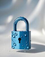 Blue Padlock with Water Droplets on a Soft Background for Security Concept photo