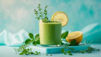 Fresh Green Smoothie with Lemon and Herbs on Aqua Background photo